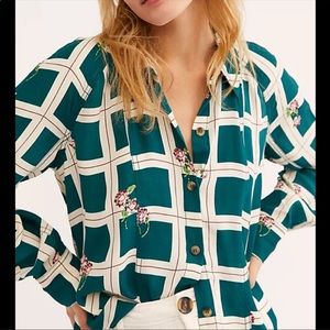 Free People green plaid with flowers blouse XS